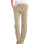 Womens Pants Summer Clearance Plus Size Casual Cotton and Linen Solid Drawstring Elastic Waist Long Straight Pants Deals of the Day